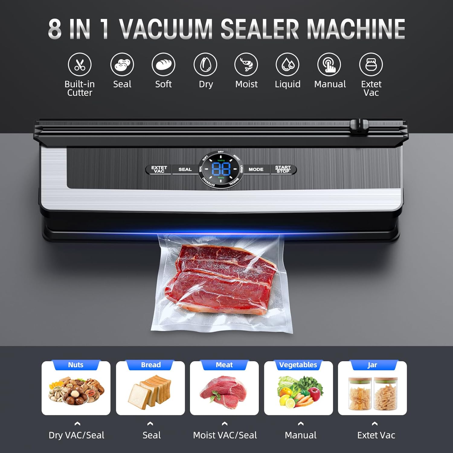 Fitlybuy 8-in-1 black and silver vacuum sealer with built-in cutter, digital display, and a sealed pouch of raw steak.