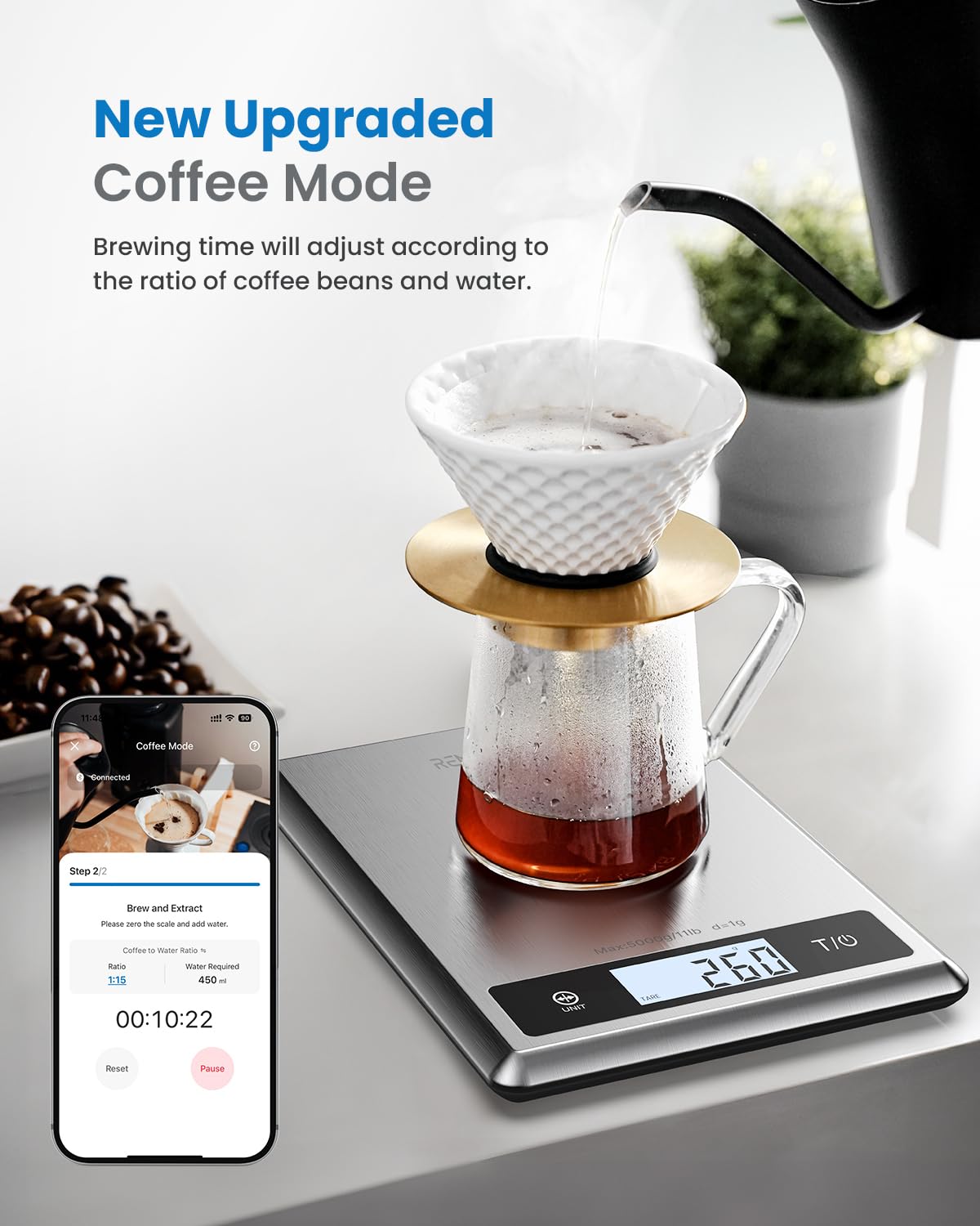 Fitlybuy Calibra 1 digital scale with coffee brewing gear, showing PrecisionTrack app interface on a smartphone.