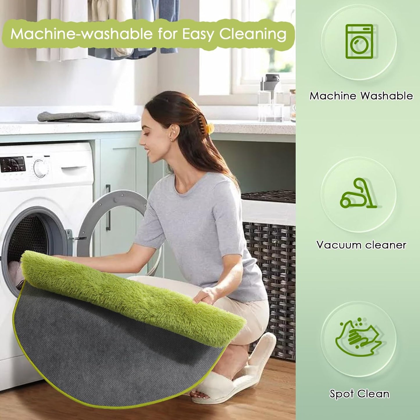 Fitlybuy FluffyMat round green plush rug being put into a washing machine. Features include machine-washable care.
