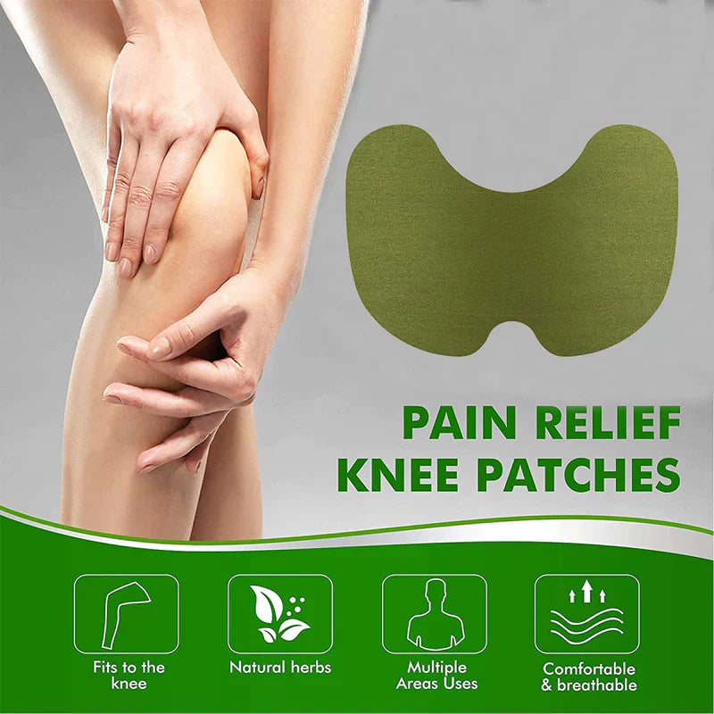Fitlybuy natural green herbal knee patch for pain relief shown with a person’s leg and icons for comfort and usage.