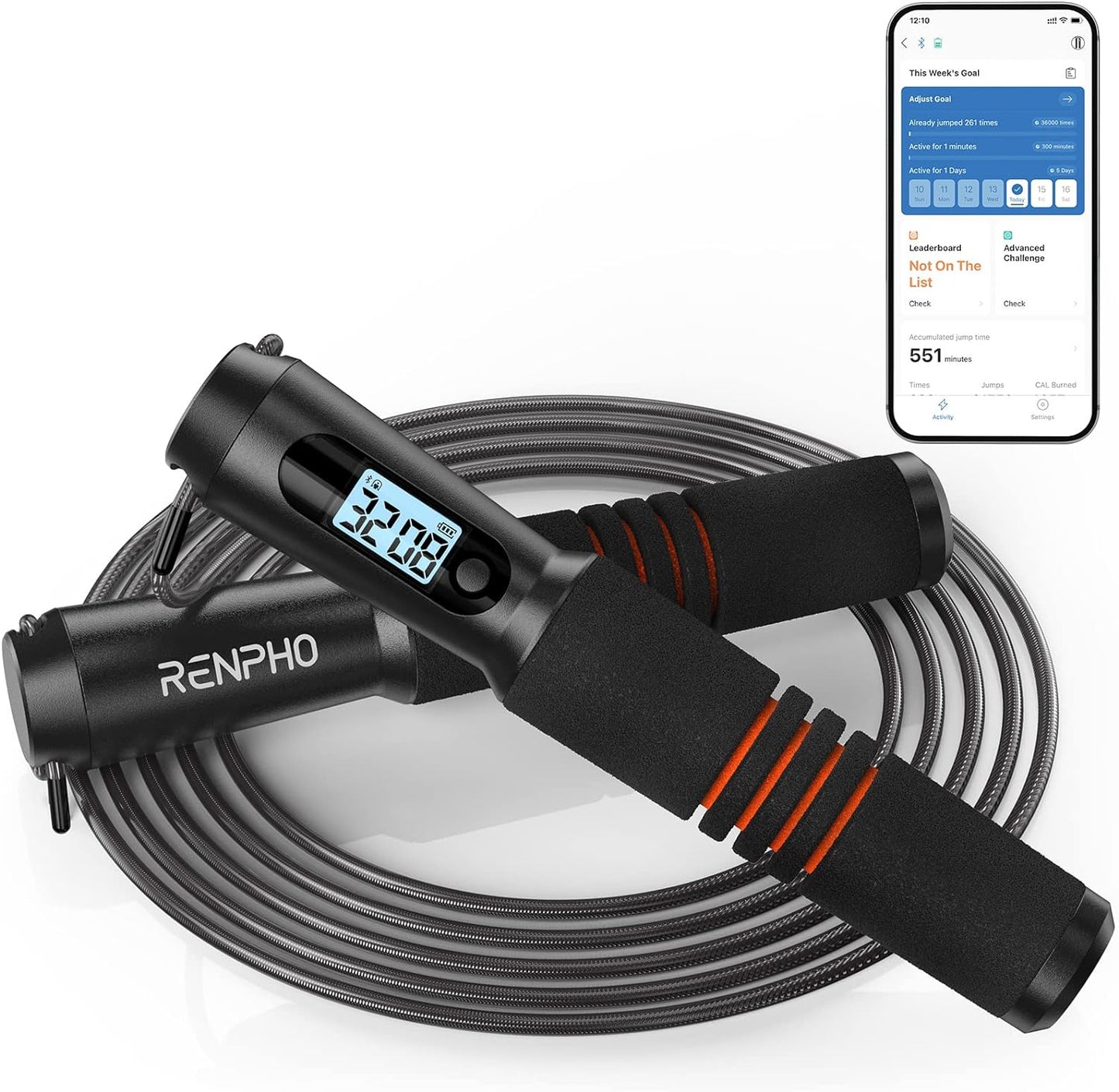 Fitlybuy black smart jump rope with digital LCD handle and tracking app interface in the background.