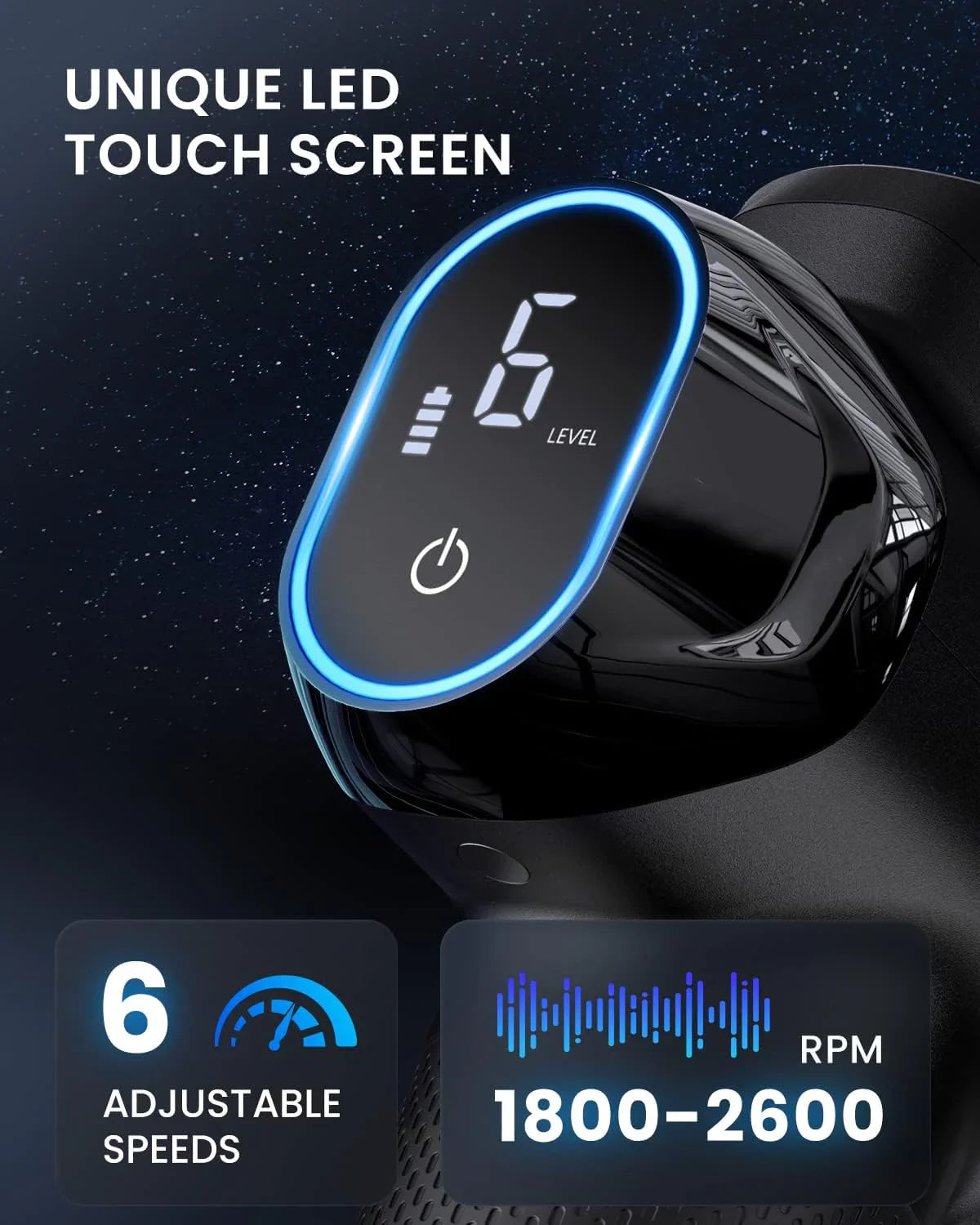 Fitlybuy massage gun LED touch screen showing level 6, battery, power icon, and 1800-2600 RPM speed range display.