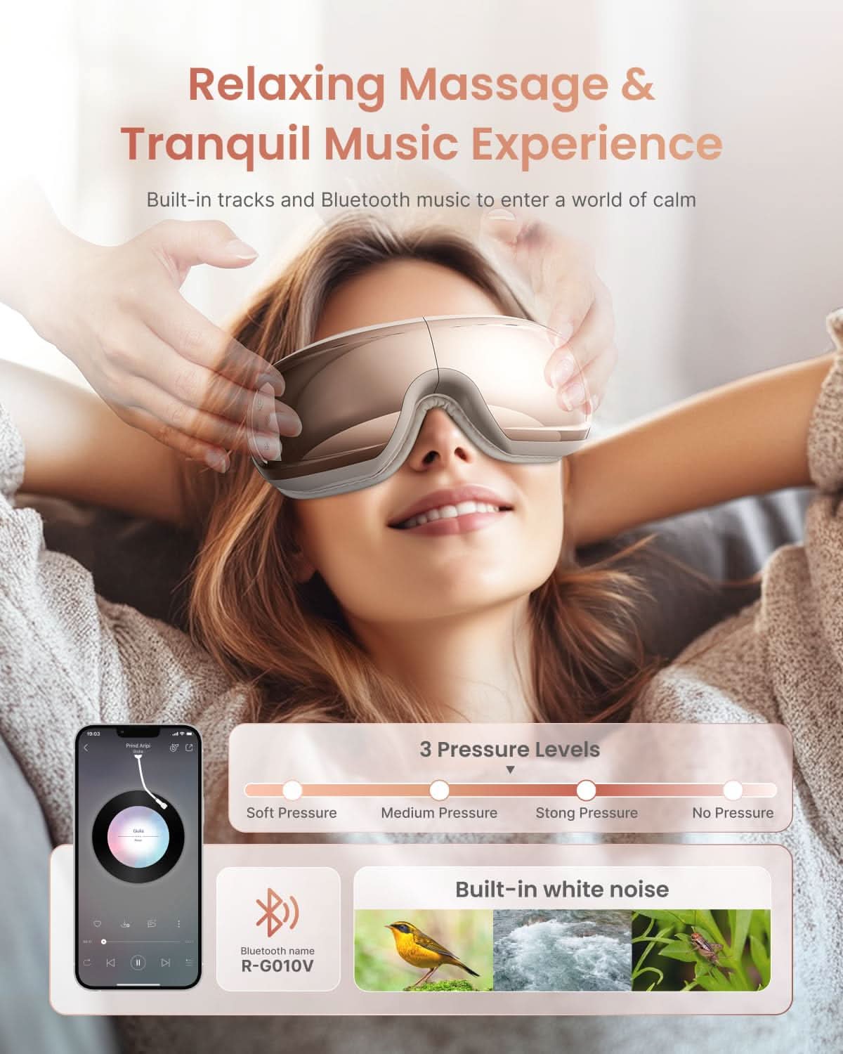 Woman wearing a rose gold Fitlybuy Eyeris 3 eye massager with heat, vibration, and built-in white noise music features.