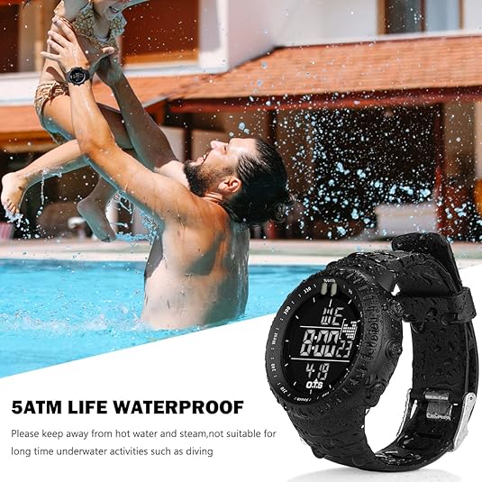 Fitlybuy Henry black tactical digital sports watch with LED display, worn by a man playing in a swimming pool.