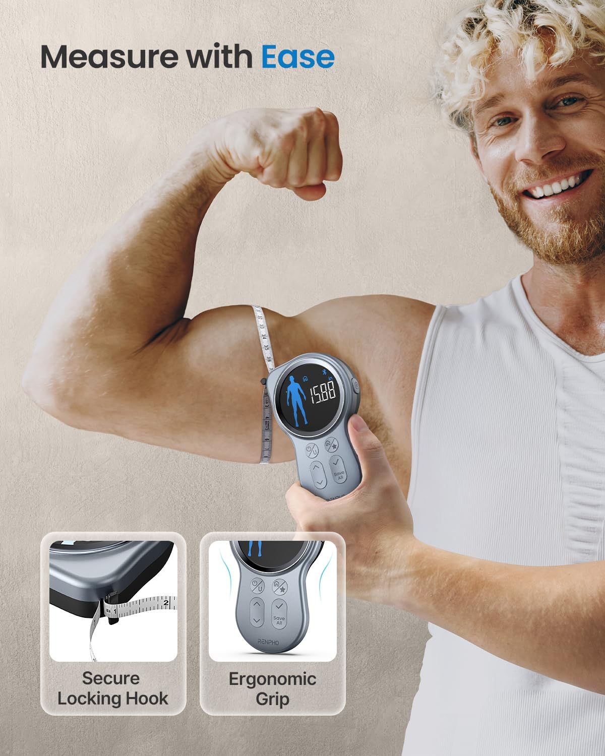 Man using gray Fitlybuy Smart Tape Measure to measure bicep. Digital display shows reading with ergonomic grip and hook.