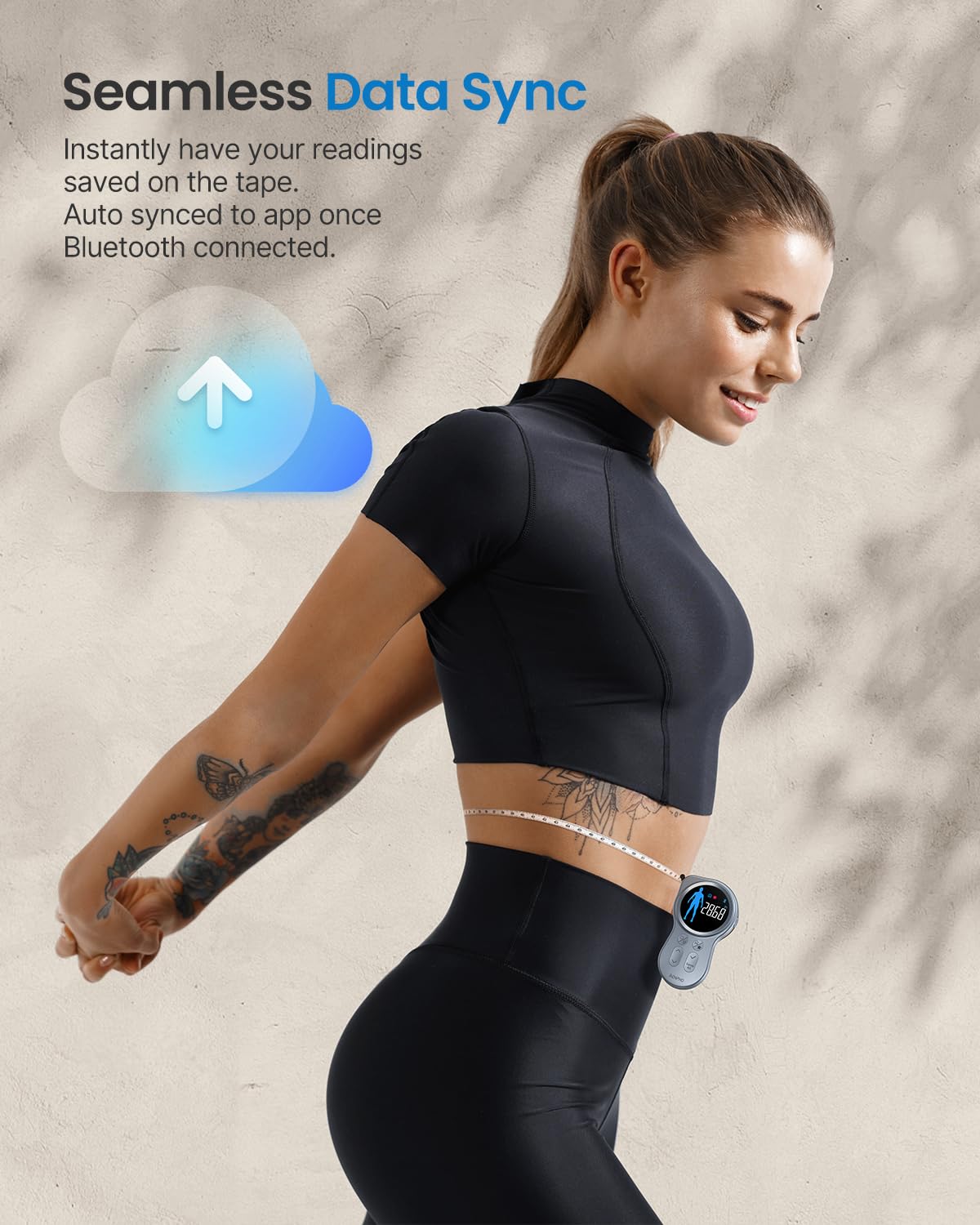 Fitlybuy Smart Tape Measure+ with Bluetooth app syncing shown on a woman measuring her waist.