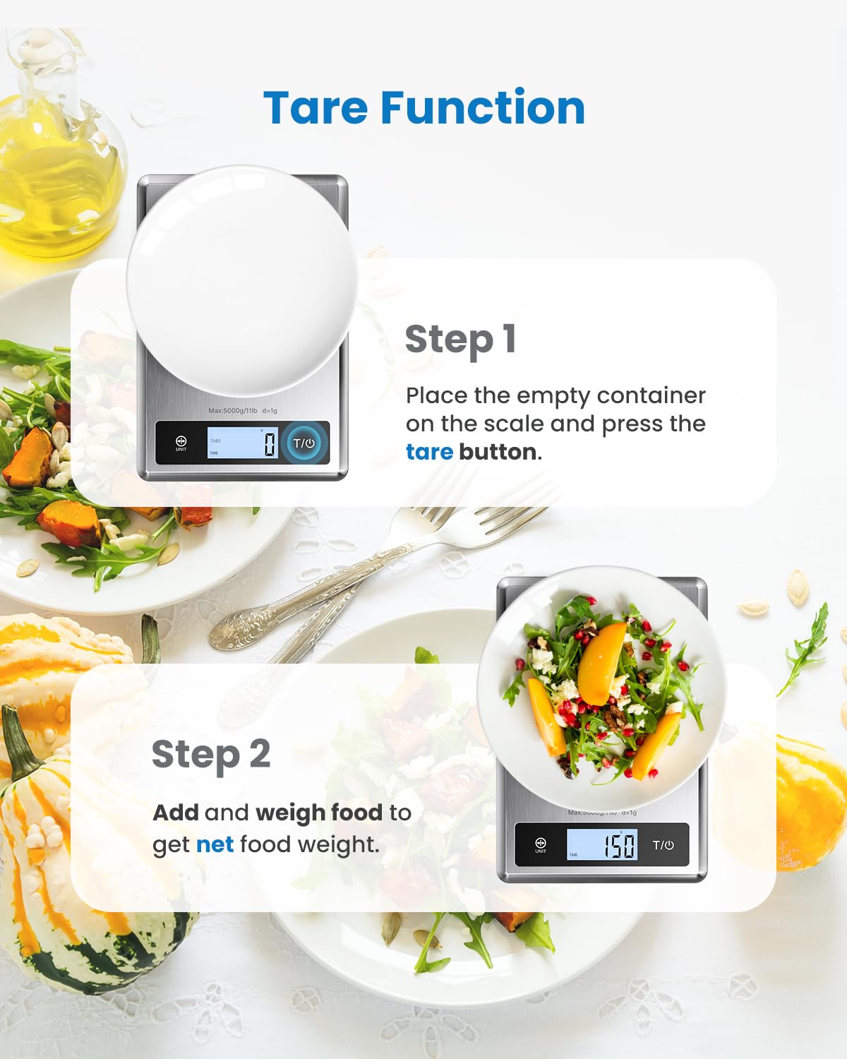 Fitlybuy Calibra 1 digital scale demo: stainless steel base, white plate, weighing food to show tare function steps.