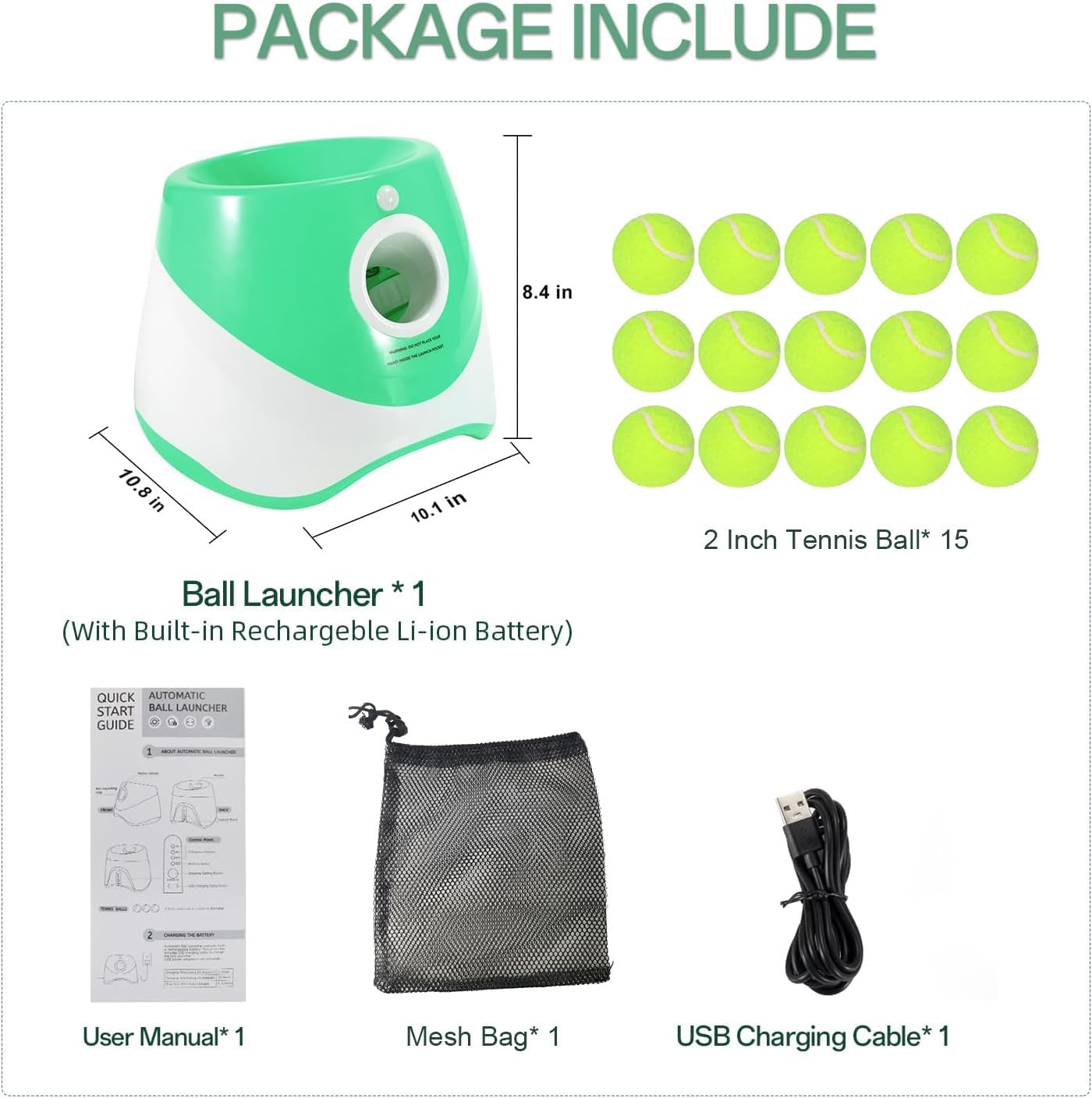 Fitlybuy automatic green dog ball launcher kit with 15 tennis balls, mesh bag, USB cable, and user manual.