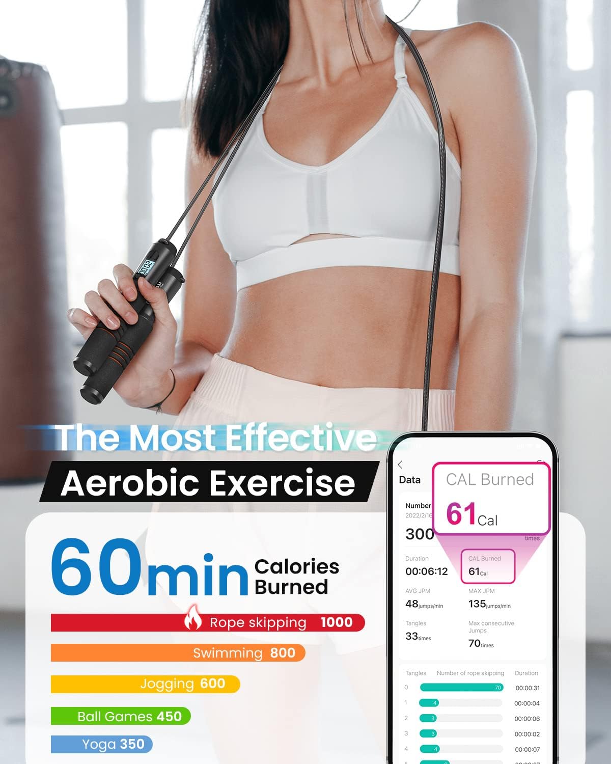 Fitlybuy black smart jump rope with digital tracker, shown with a workout app displaying calorie and jump stats.