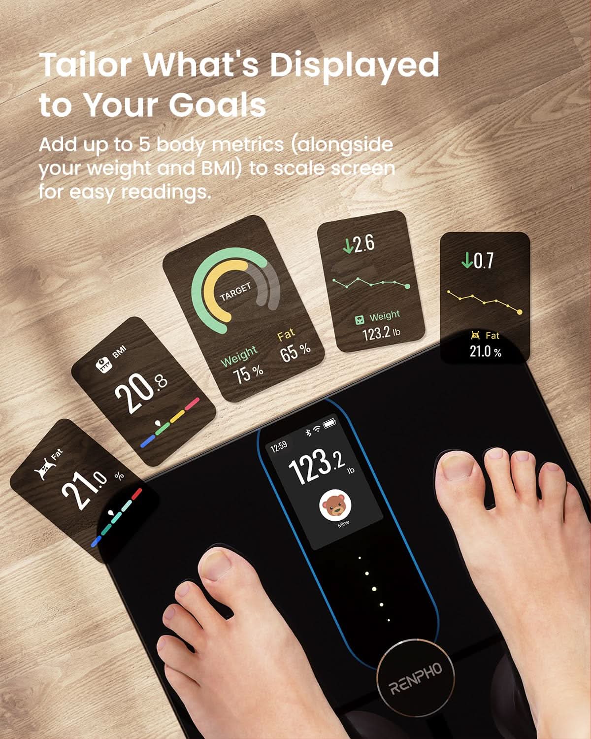 Fitlybuy Elis Nova smart scale with black surface and digital display showing metrics and personalized user data.