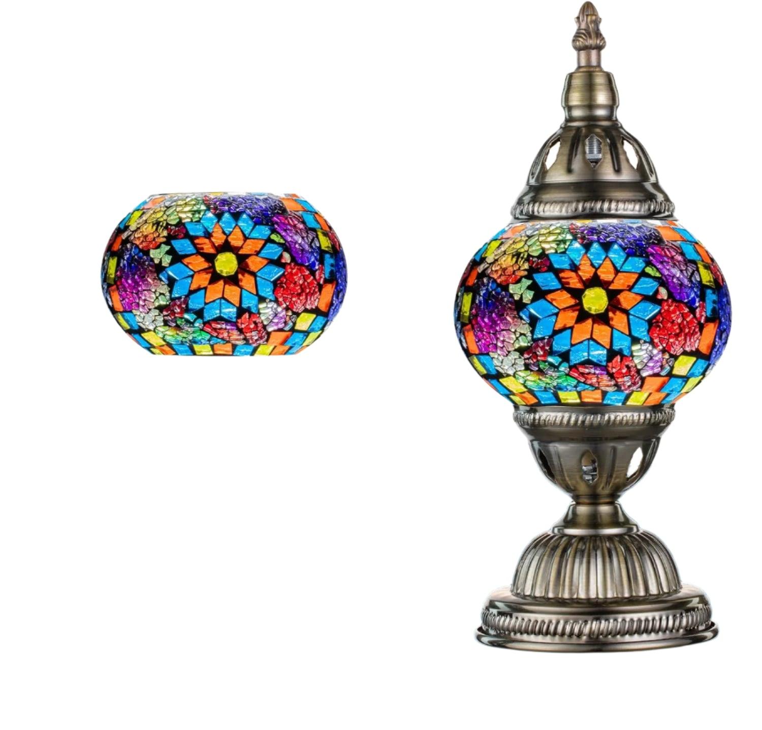 Fitlybuy Marrakech Turkish table lamp featuring a vibrant, multi-colored mosaic glass shade and an elegant bronze base.