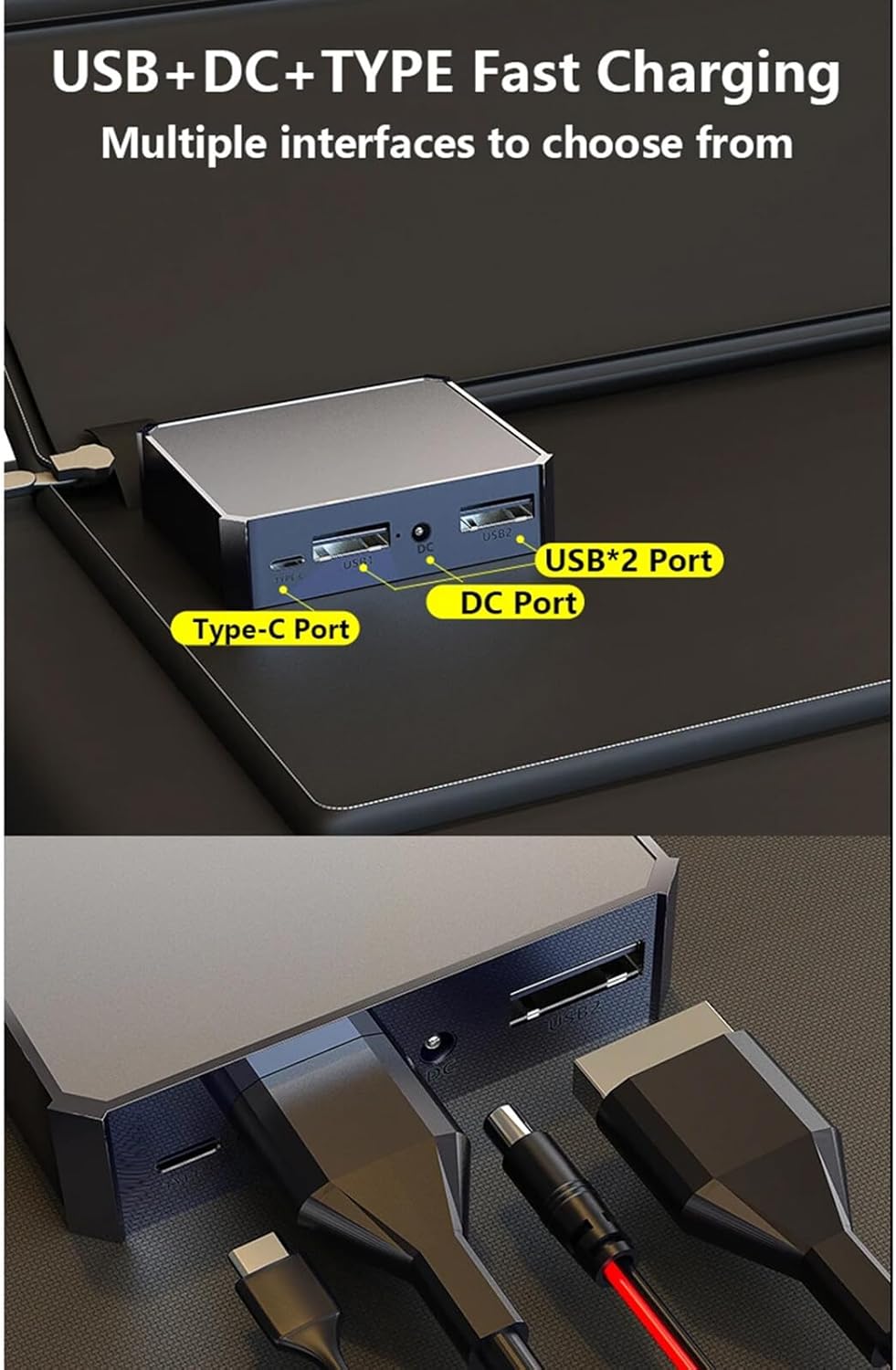 Fitlybuy SolaraX charging box showing USB, DC, and Type-C ports with various cables for fast solar charging.