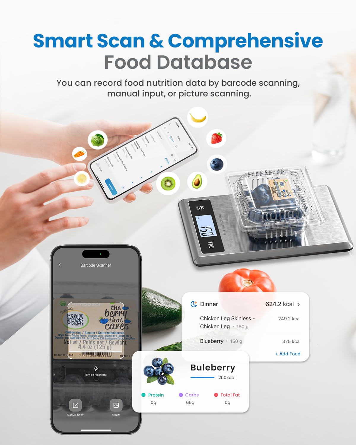 Fitlybuy Calibra 1 digital scale with app syncing, barcode scanning, and nutrition tracking on a smartphone.