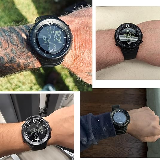 Fitlybuy Henry black digital sports watch with tactical shockproof design and LED display worn on various wrists.