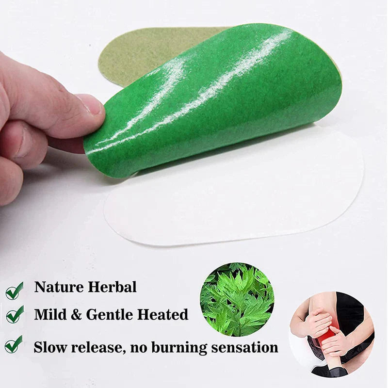 Fitlybuy herbal knee patches being peeled, showing green adhesive side and white backing with key benefits listed.