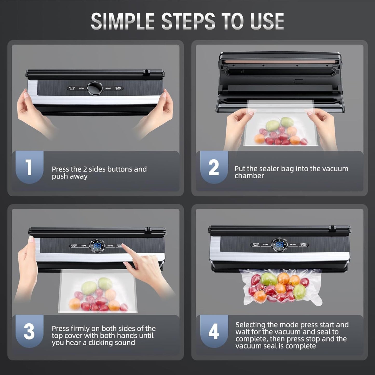 Fitlybuy 8-in-1 black and silver vacuum sealer shown in a 4-step instructional guide for sealing food bags.
