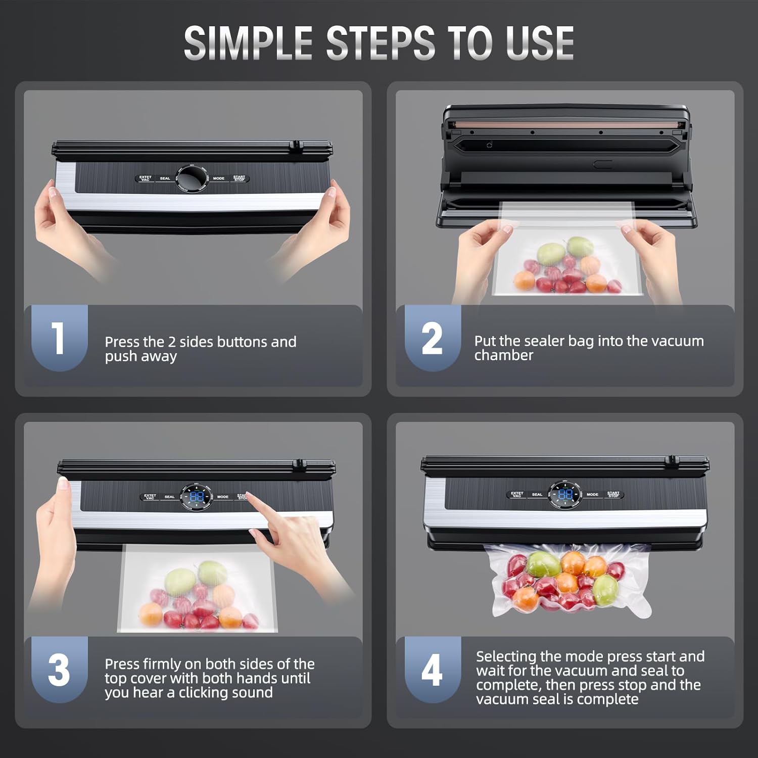 Fitlybuy 8-in-1 black and silver vacuum sealer shown in a 4-step instructional guide for sealing food bags.