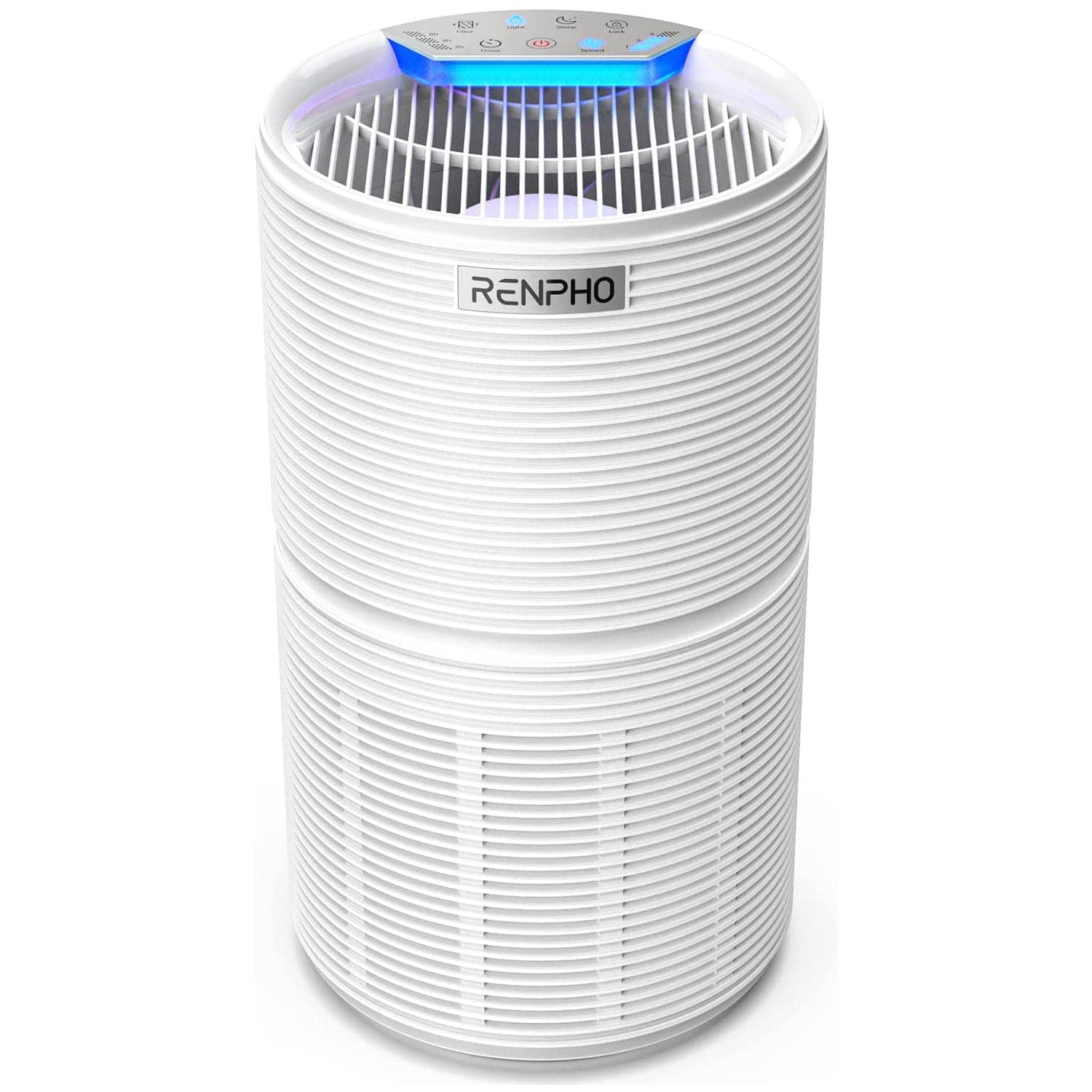White cylindrical Renpho ozone-free air purifier with touch control panel, glowing blue light, and slatted intake vents.