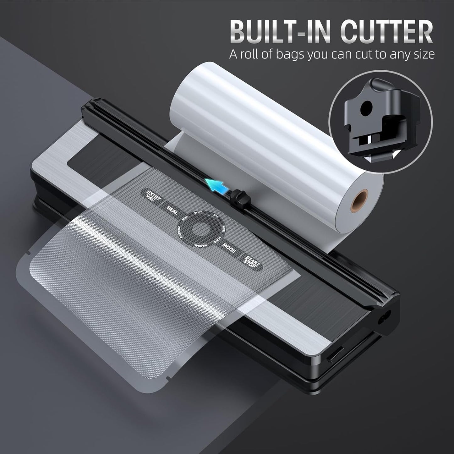 Fitlybuy 8-in-1 black and silver vacuum sealer with built-in cutter and a roll of vacuum seal bags on a table.