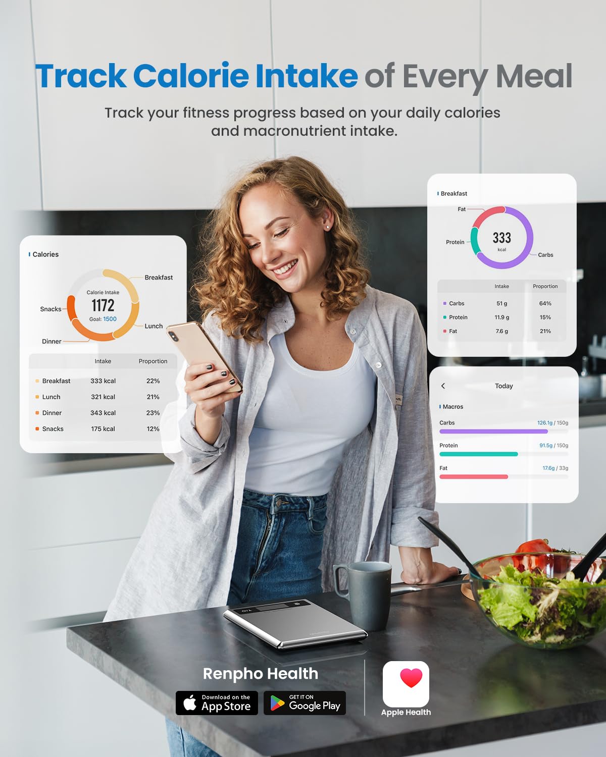 Fitlybuy Calibra 1 silver digital nutrition scale on kitchen counter with user tracking macros on smartphone app.