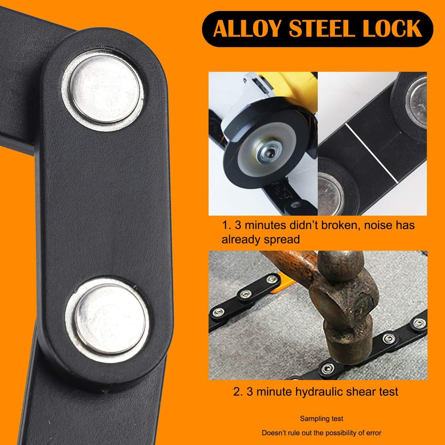 Black Fitlybuy alloy steel foldable bike lock shown with resistance tests against a grinder and hammer.
