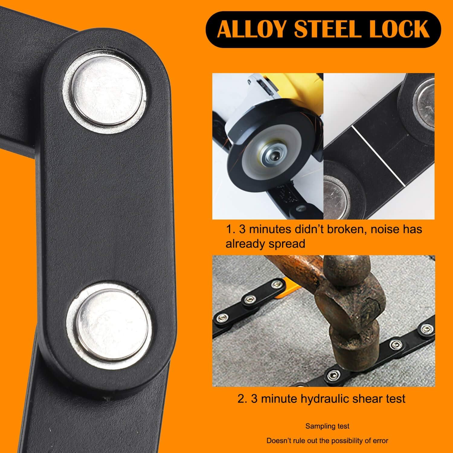 Black Fitlybuy alloy steel foldable bike lock shown with resistance tests against a grinder and hammer.
