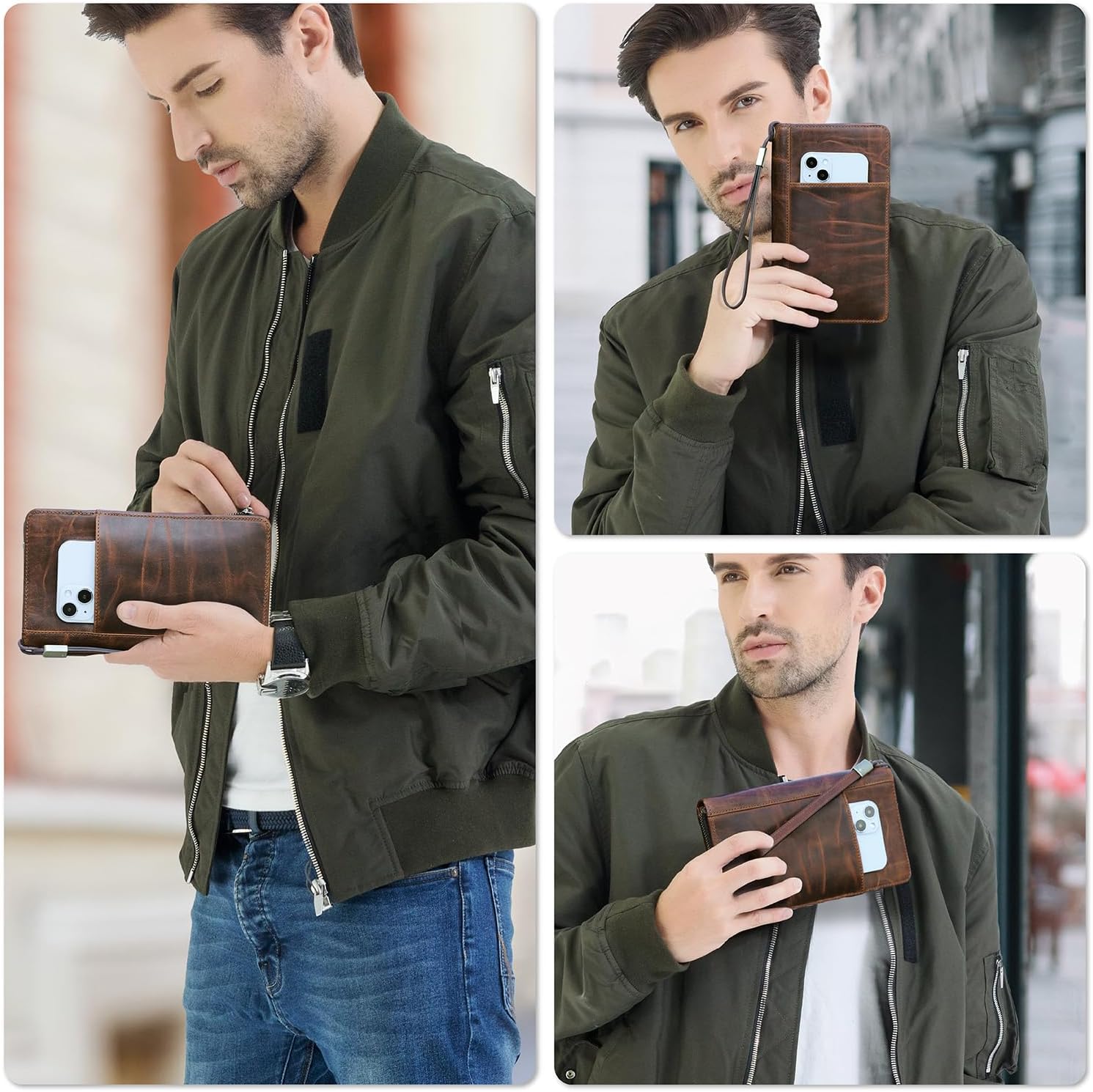 Brown leather RFID passport holder with a smartphone pocket and wrist strap, showcased by a man in an olive jacket.
