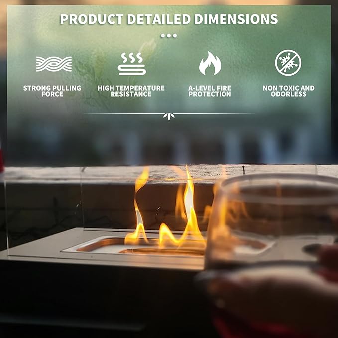 Fitlybuy tabletop bio-ethanol fireplace with a burning flame and info graphic showing safety features.