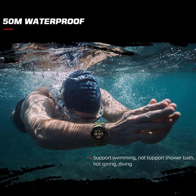 Fitlybuy carbon fiber outdoor watch on a swimmer’s wrist; 50M waterproof design for swimming, with dark green strap.