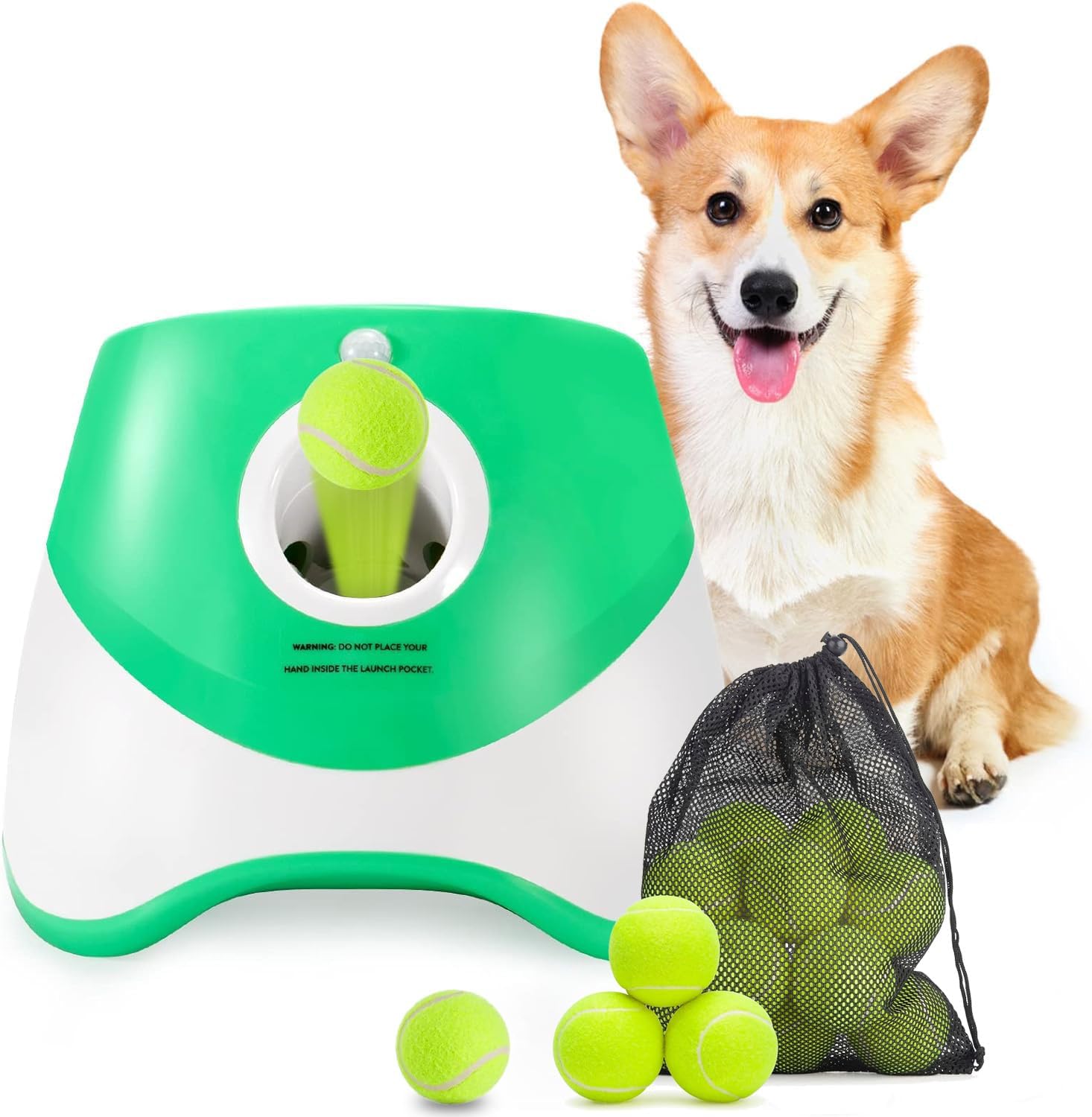 Fitlybuy automatic green and white dog ball launcher with tennis balls and a happy Corgi, on a white background.