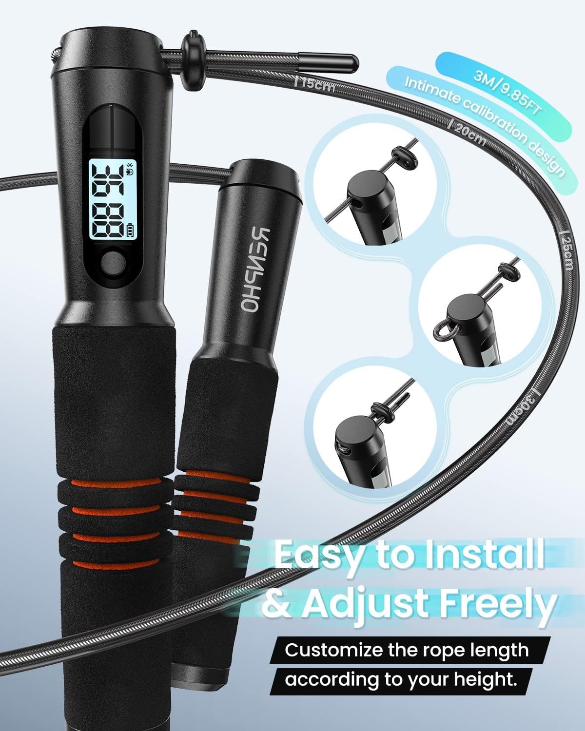 Fitlybuy smart jump rope with black foam handles, digital LCD tracking display, and adjustable 3M steel cable.