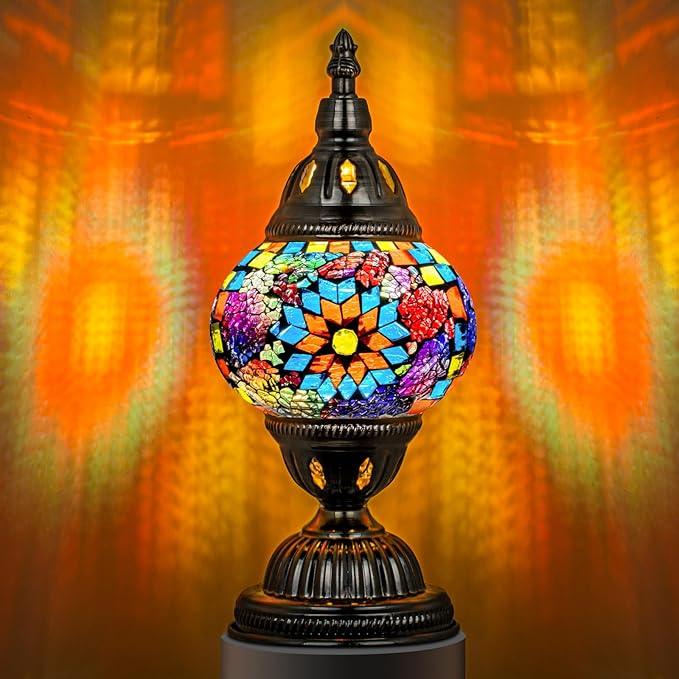 Fitlybuy Marrakech Turkish table lamp: colorful handcrafted mosaic glass globe on an elegant bronze base, glowing warm.
