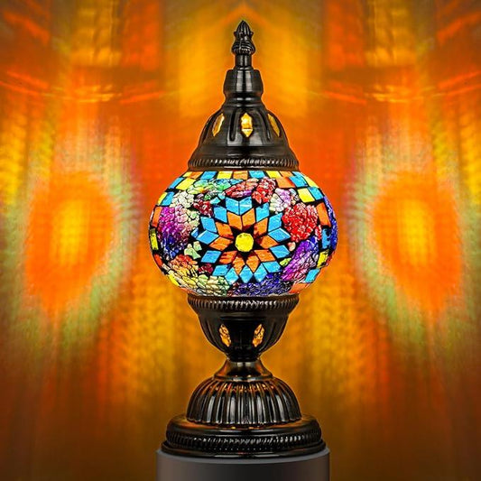 Fitlybuy Marrakech Turkish table lamp: colorful handcrafted mosaic glass globe on an elegant bronze base, glowing warm.