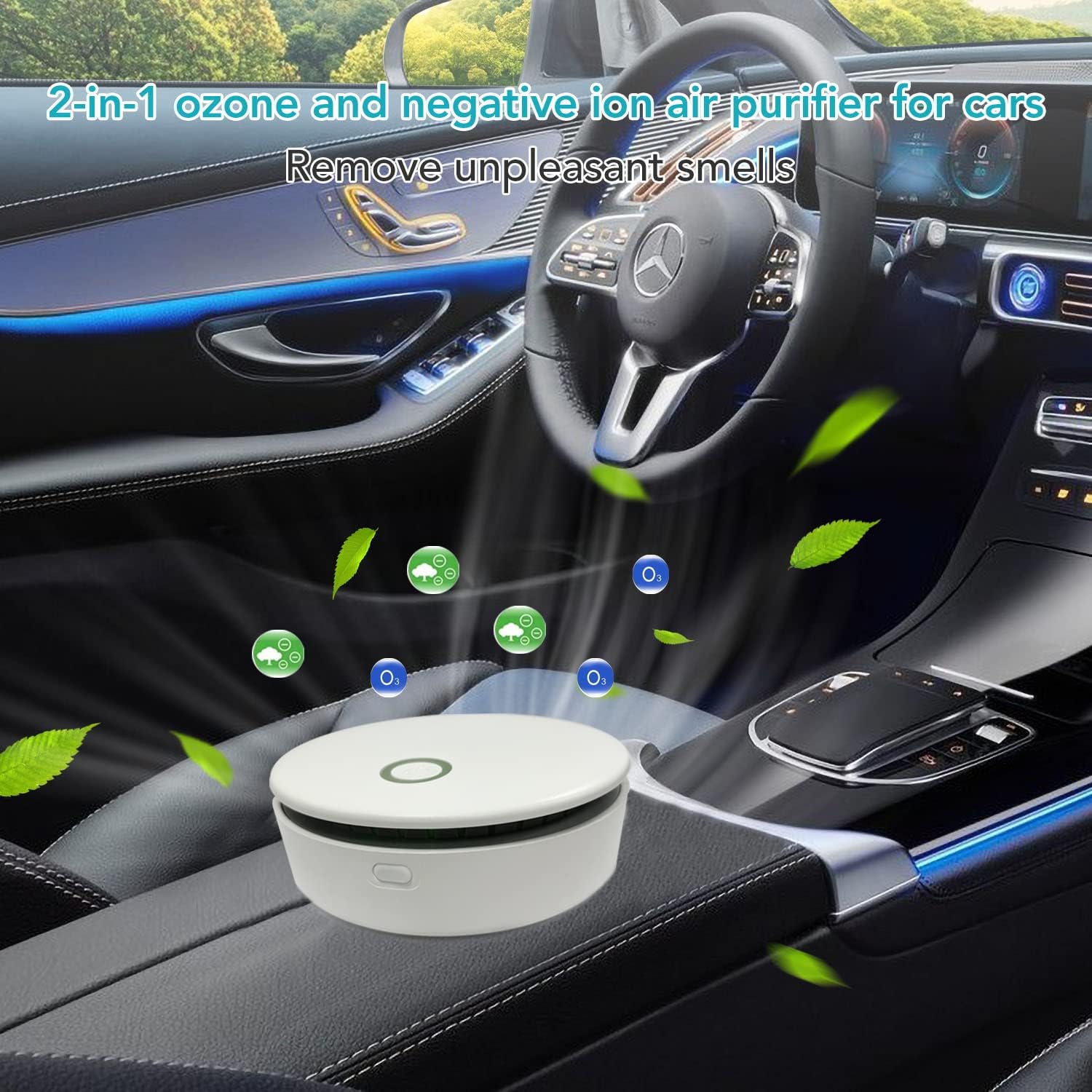 White portable Fitlybuy ozone air purifier inside a car, emitting fresh air icons to remove odors.