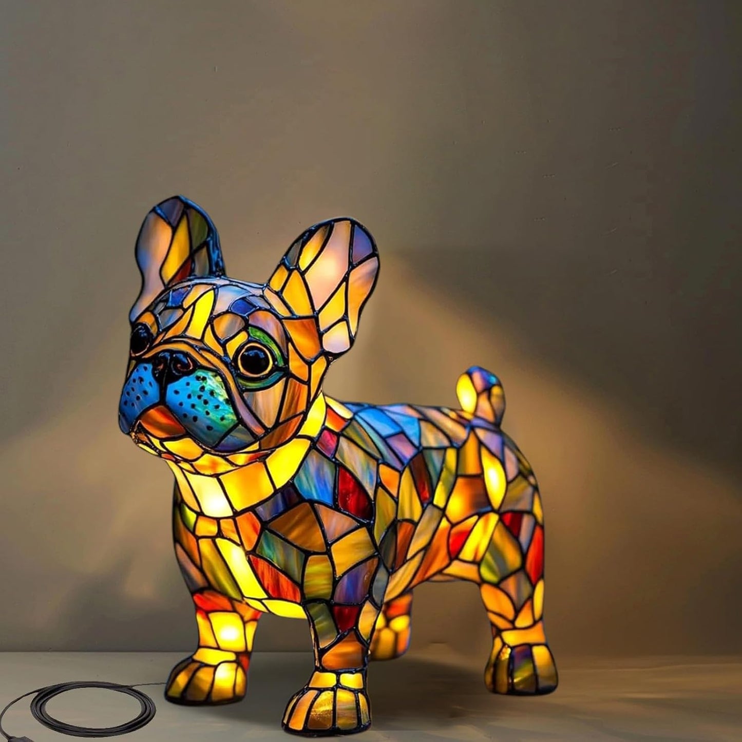 Fitlybuy GlowPaw stained-glass style French bulldog lamp with multicolored acrylic pieces and USB power cable.
