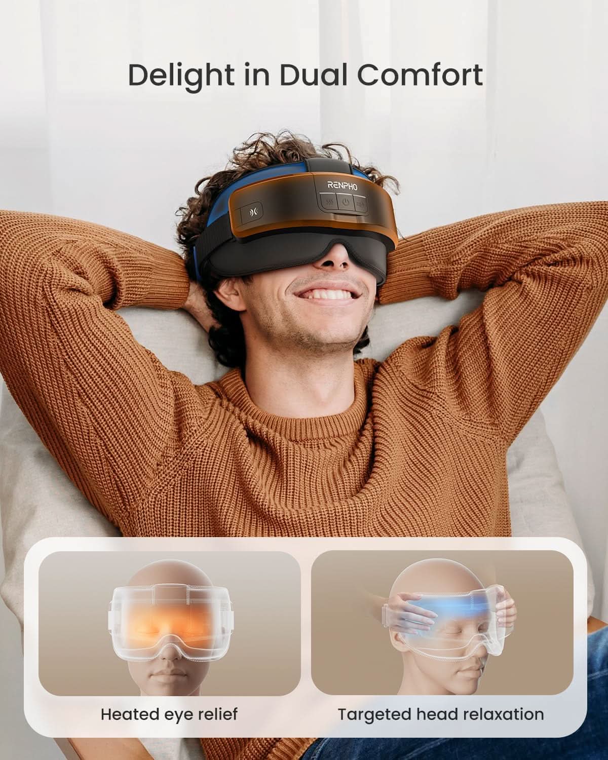 Man wearing a blue and black Fitlybuy Eyeris eye and head massager with heat and relaxation technology.