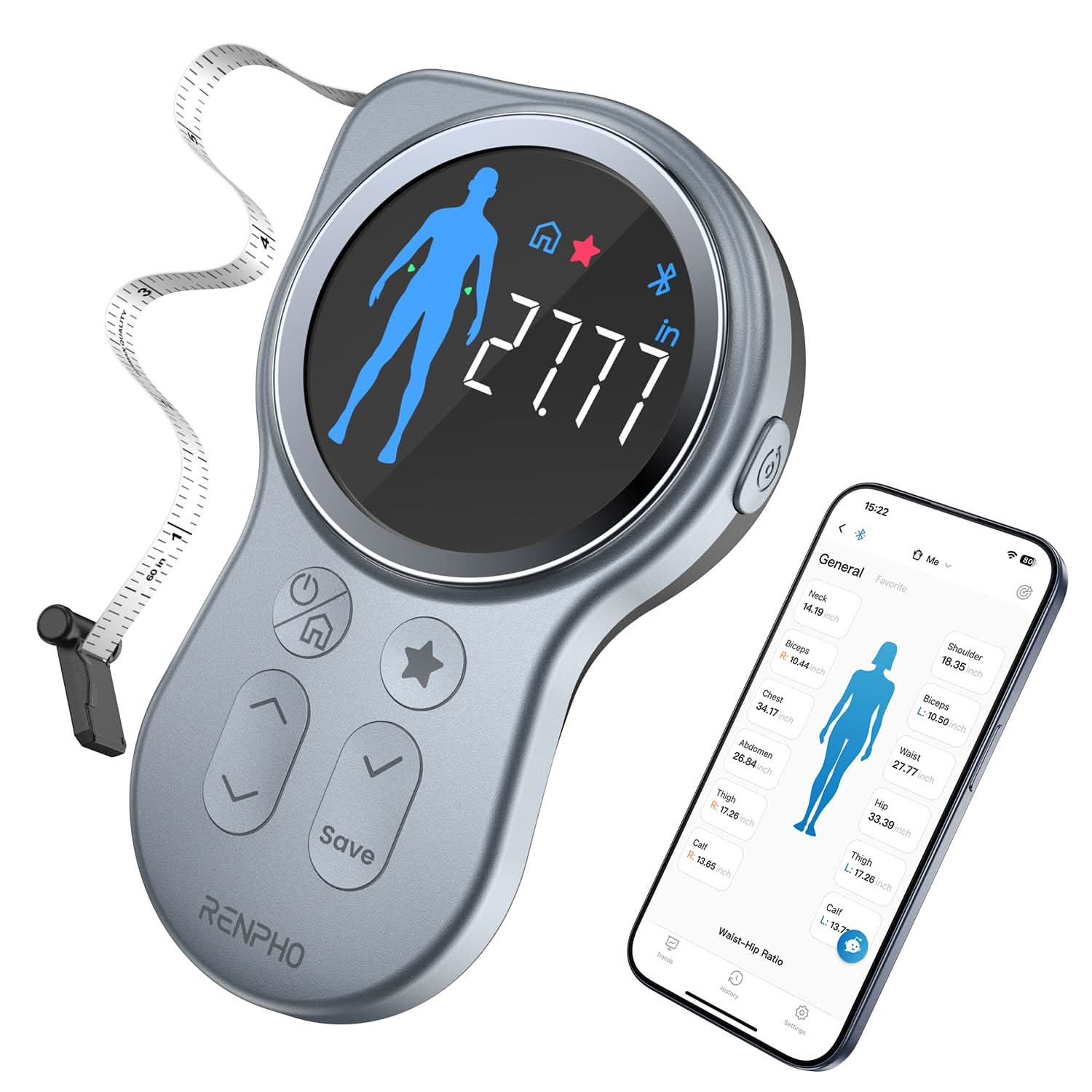 Fitlybuy Smart Tape Measure in grey with digital display showing body metrics, next to a smartphone app tracking data.