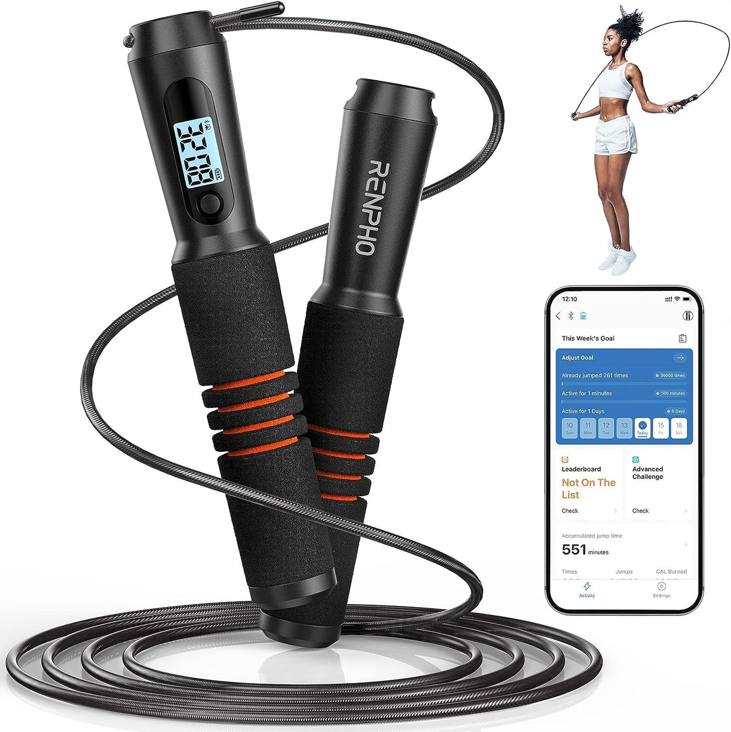 Fitlybuy smart jump rope with black handles, digital display, and companion app tracking data on a smartphone.