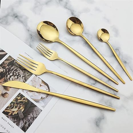 Fitlybuy Torin 36-piece gold stainless steel cutlery set with minimalist design on a marble surface.