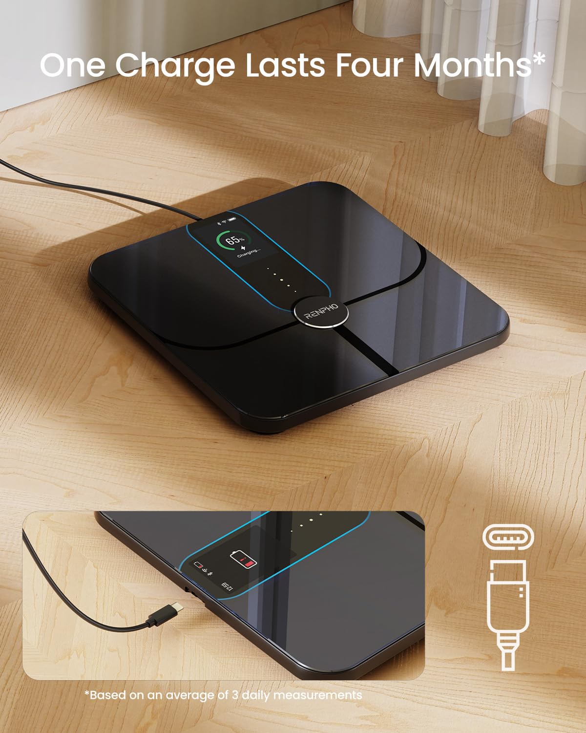 Black Fitlybuy Elis Nova smart scale with a digital display and USB-C charging cable on a wooden floor.