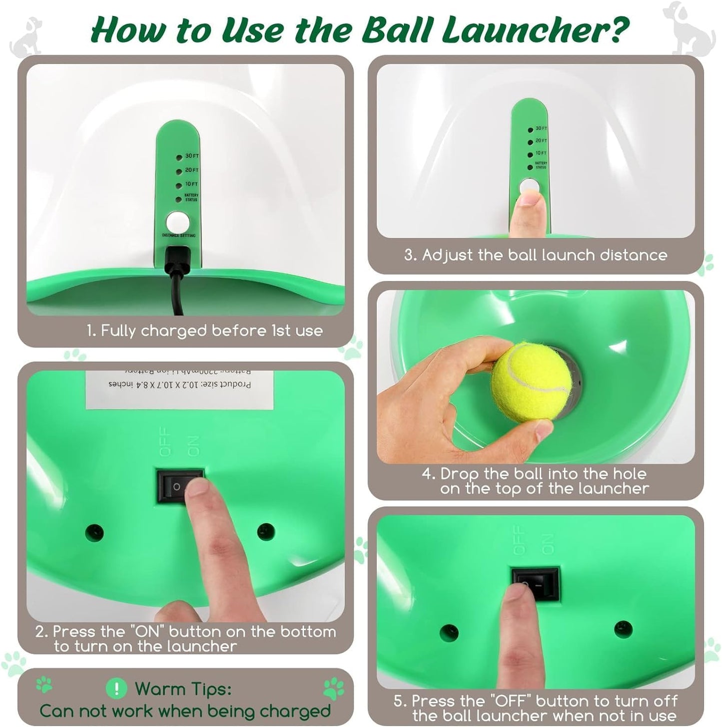 Infographic showing Fitlybuy automatic dog ball launcher features: charging, power switch, and 3-setting distance control.