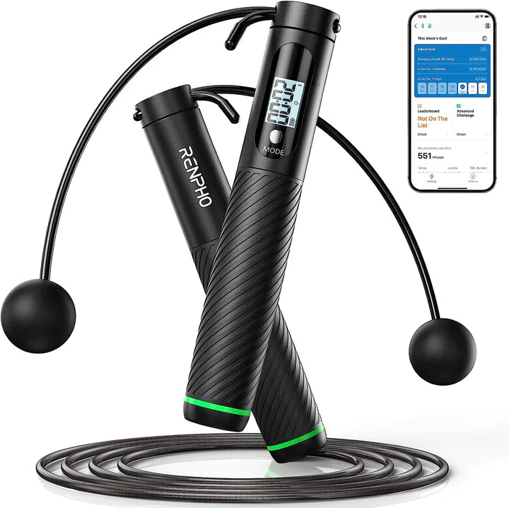 Black smart jump rope with digital display, cordless balls, and app-syncing smartphone interface.