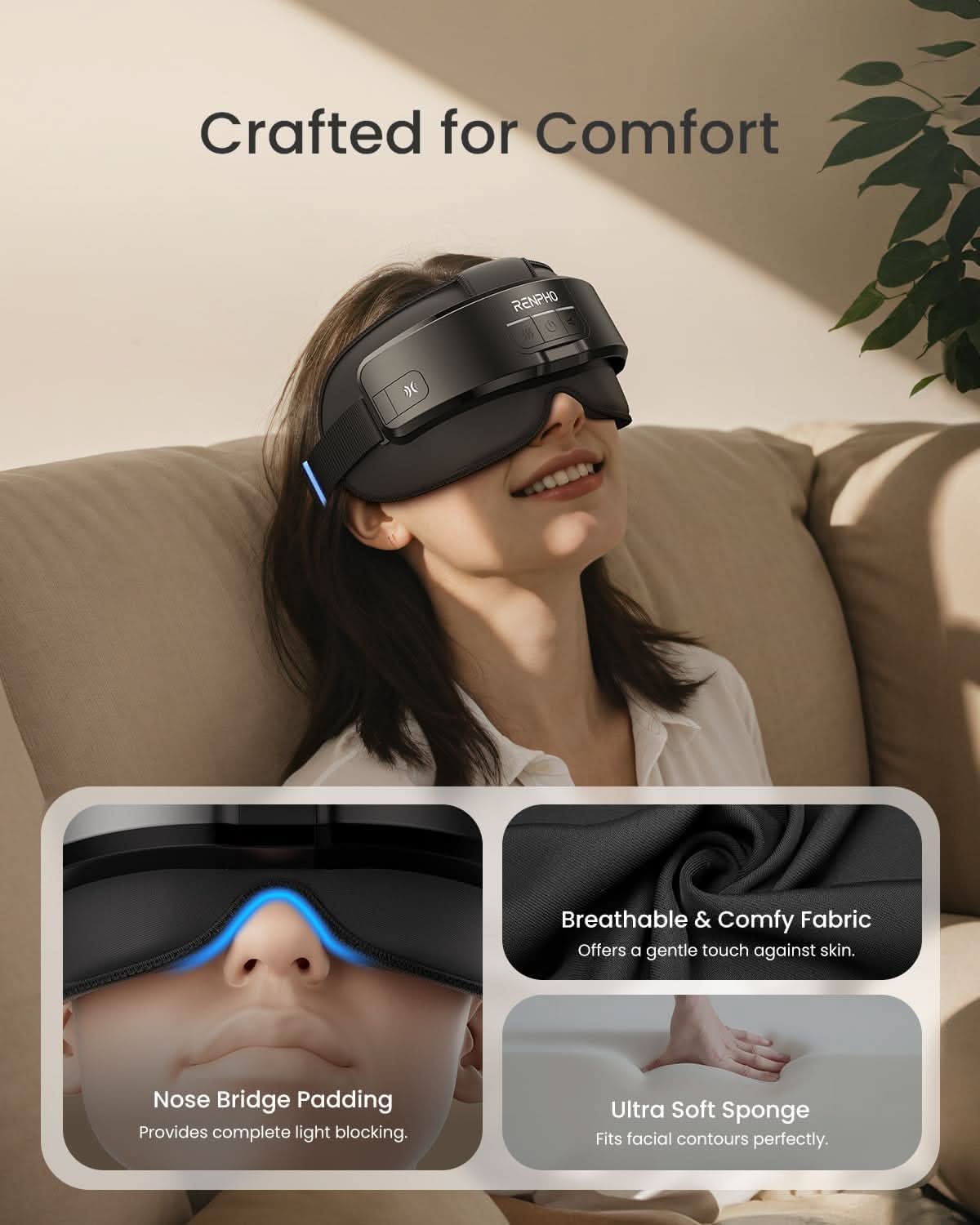 Woman wearing a black RENPHO eye and head massager with soft padding and RelaxWave technology, relaxing on a couch.