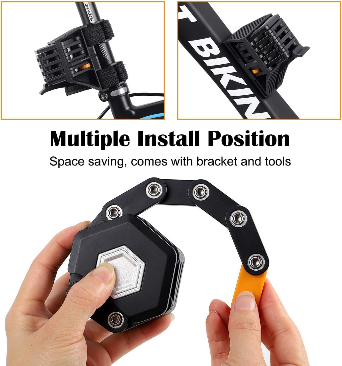 Fitlybuy black foldable heavy-duty anti-theft bike lock with mounting bracket shown installed on a bicycle frame.
