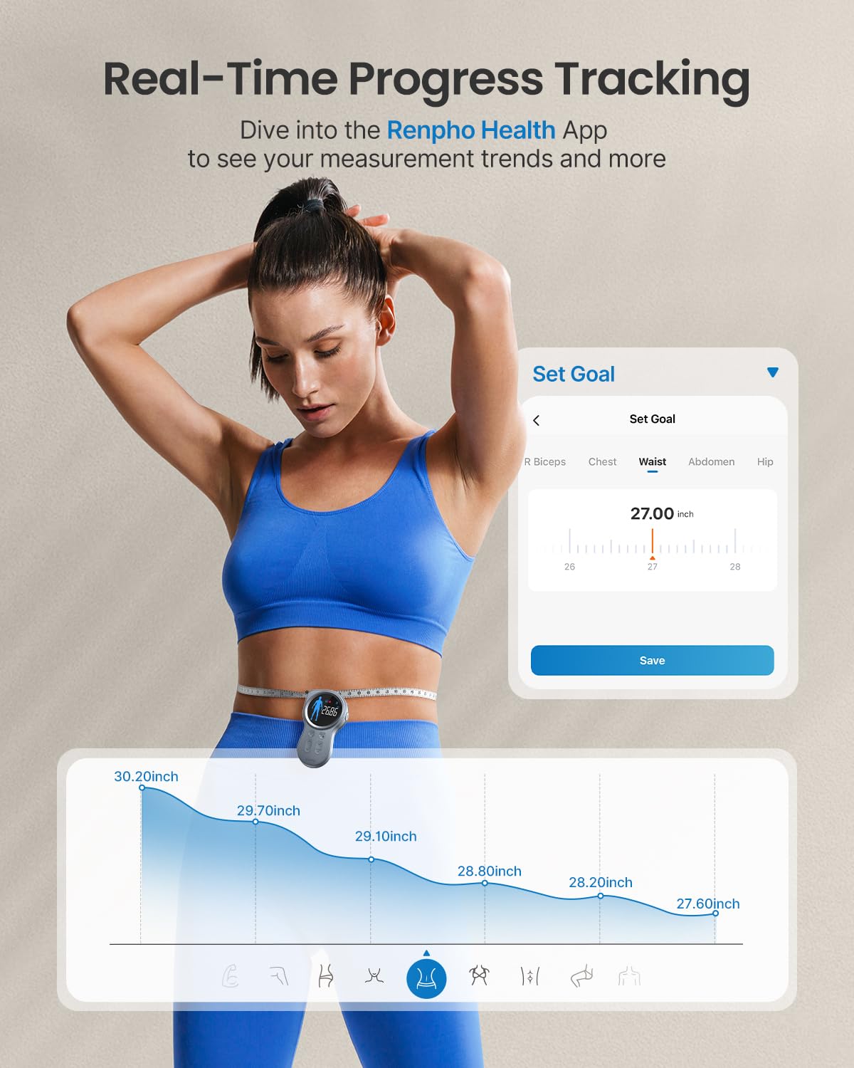 Fitlybuy Smart Tape Measure+ with screen showing waist measurement, synced to Renpho app for progress tracking.