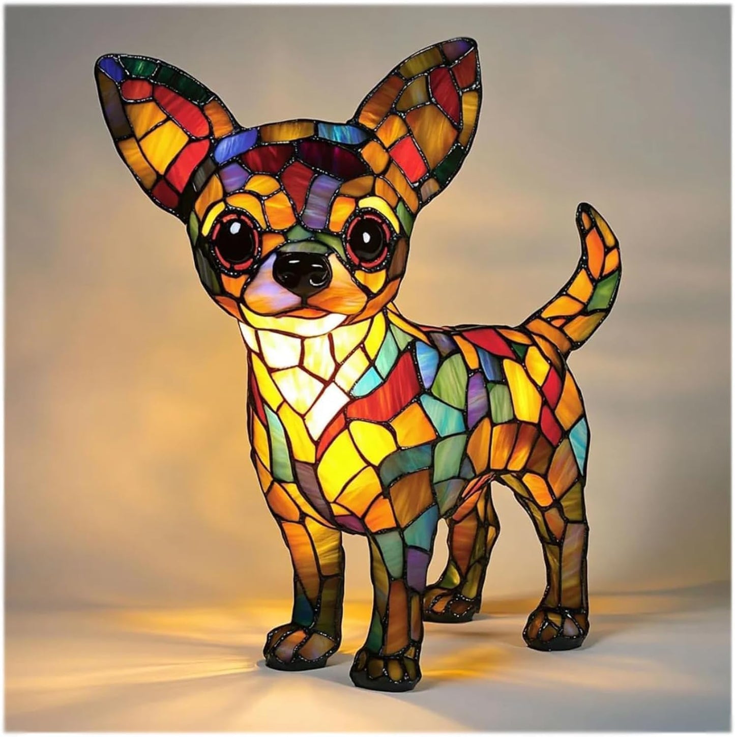Fitlybuy GlowPaw stained-glass Chihuahua dog lamp with multi-colored acrylic pieces and warm internal LED lighting.