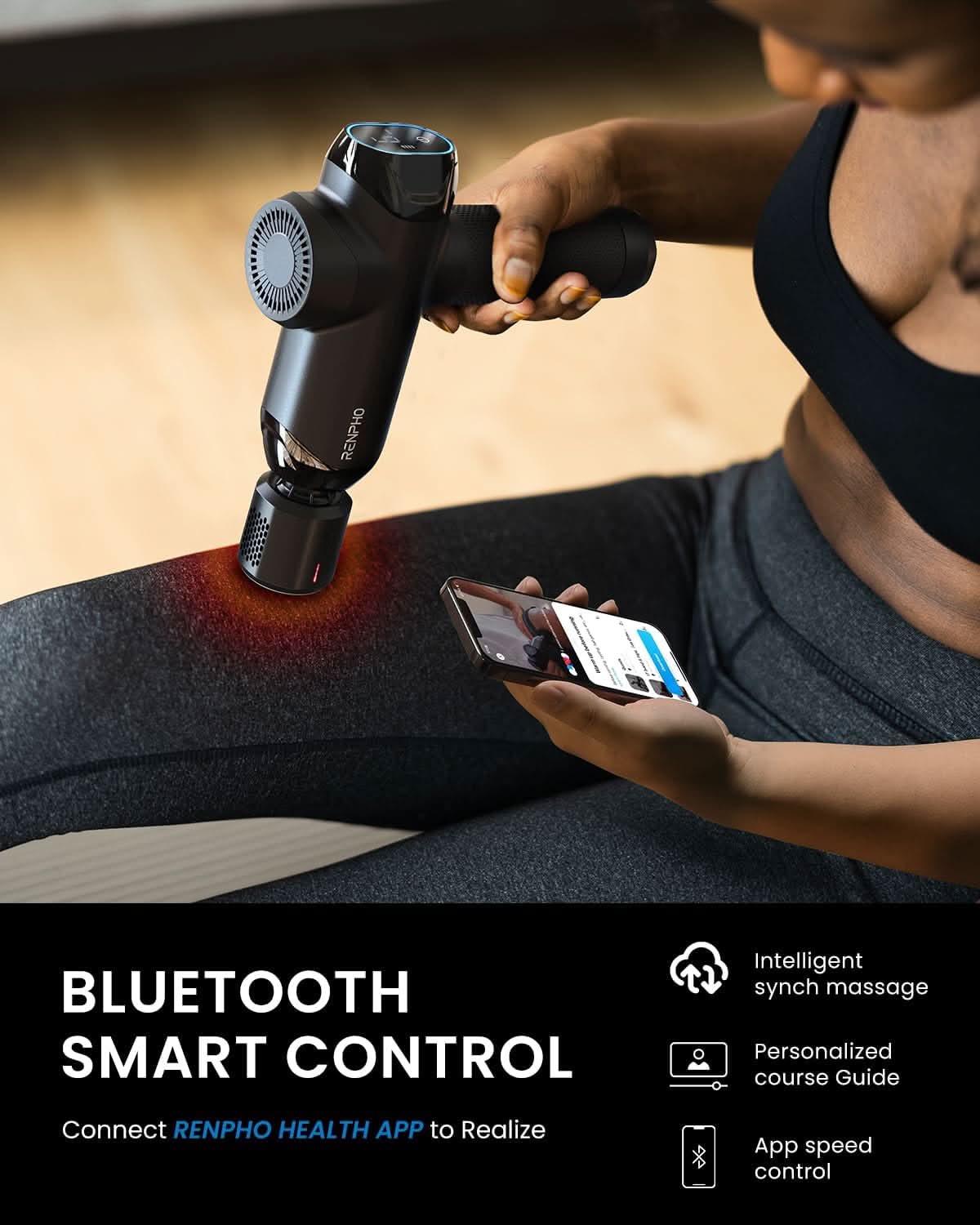 Black Fitlybuy Thermacool massage gun with heat therapy, controlled via smartphone app on a woman's leg.