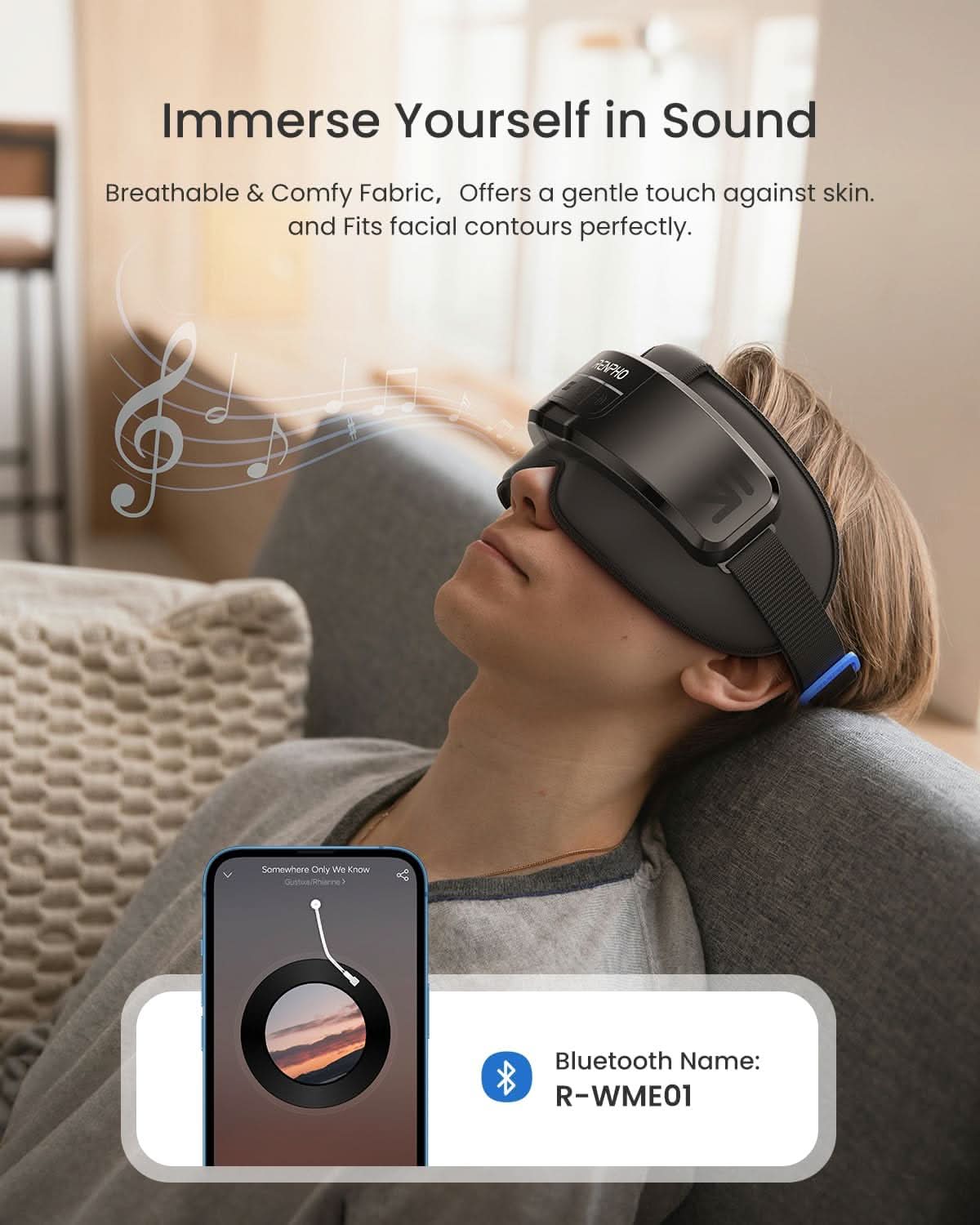Person wearing a black Fitlybuy Eyeris eye massager with RelaxWave tech, relaxing on a sofa with Bluetooth music sync.