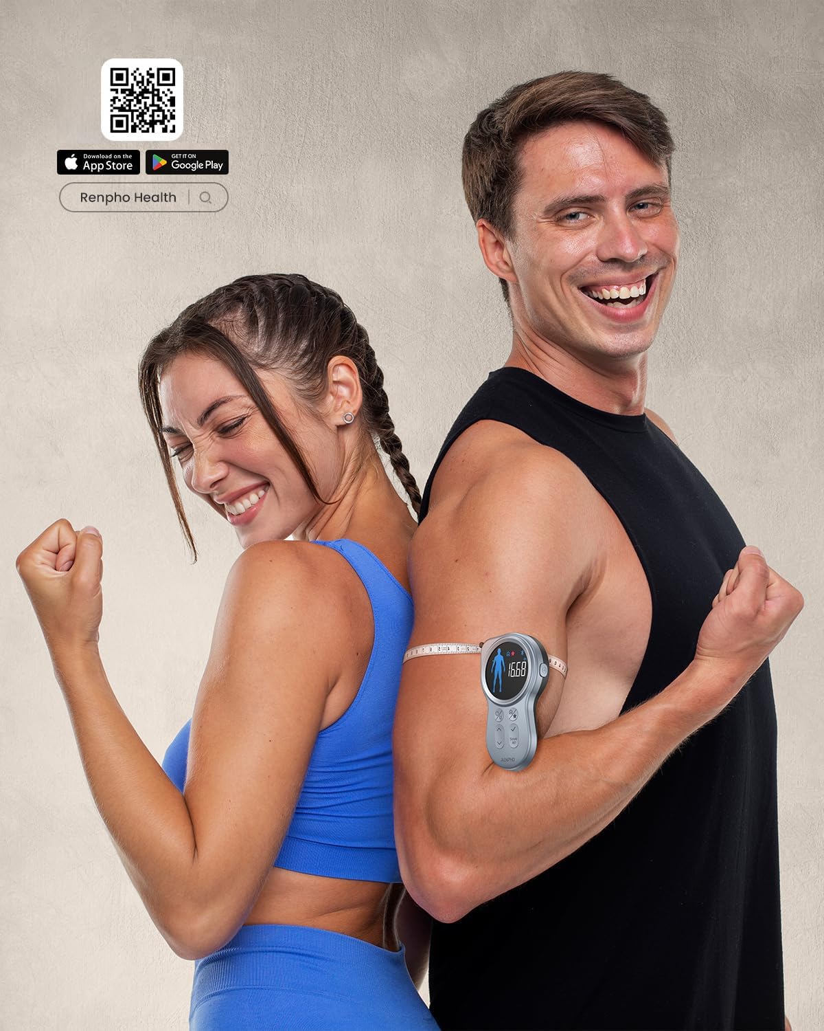 Fitlybuy Smart Tape Measure+ with PrecisionTrack on a man’s arm, showing digital body measurements with a smiling couple.