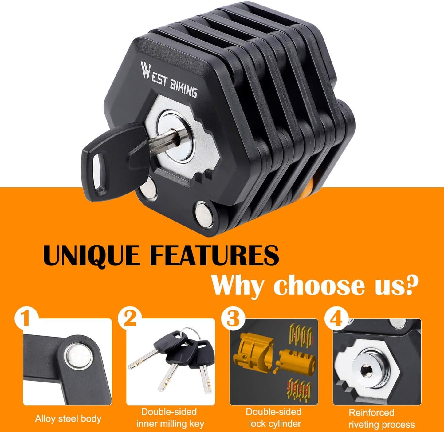 Fitlybuy black foldable heavy-duty bike lock with key, showing steel body, key details, and reinforced lock cylinder.